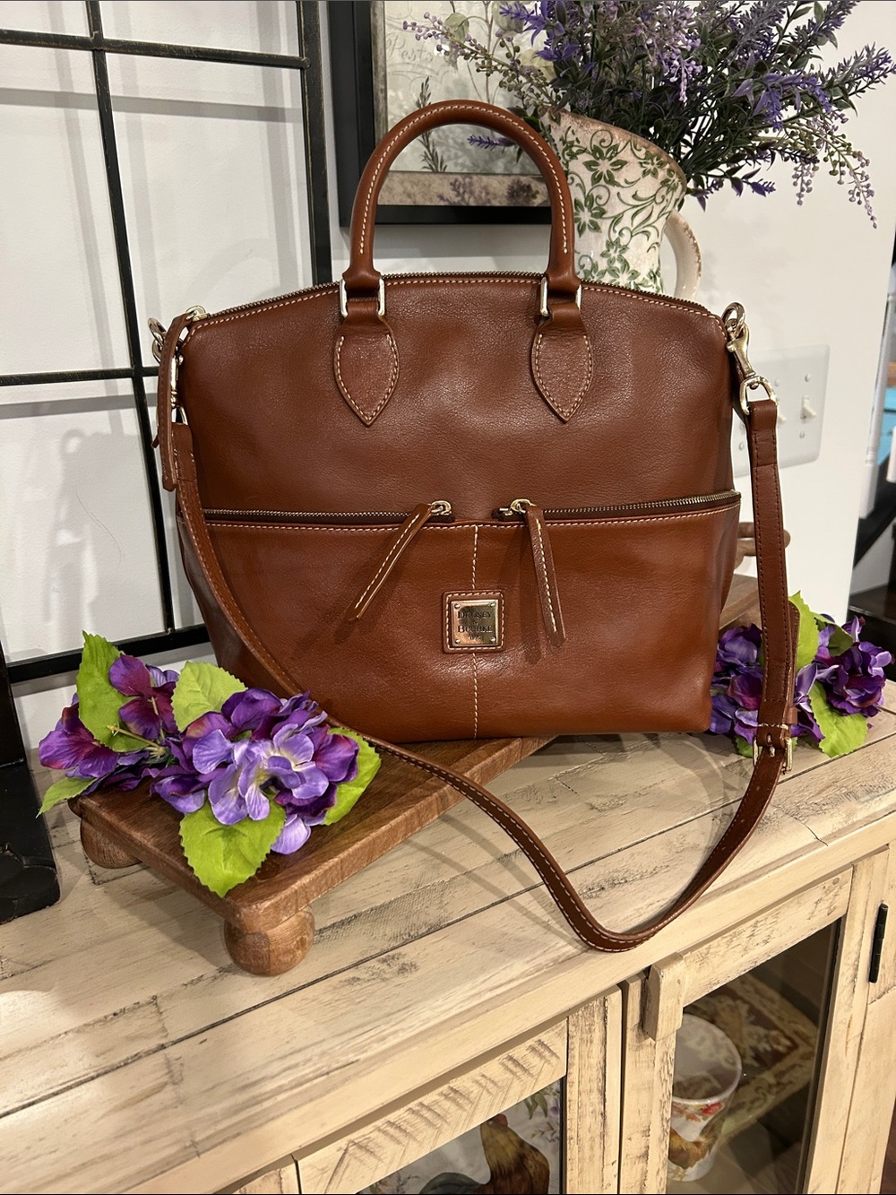 Dooney & Bourke Chestnut Brown Leather Satchel with Detachable Strap